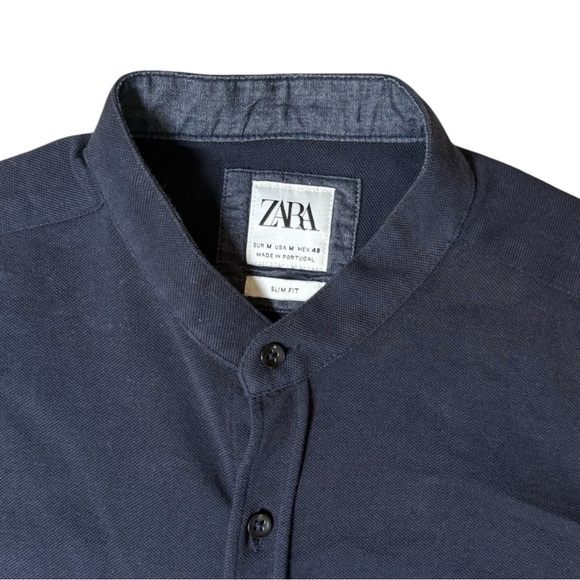 Zara Men Navy Blue Slim Fit Short Sleeve Mandarin Collar Button-Up Shirt medium - Picture 2 of 3